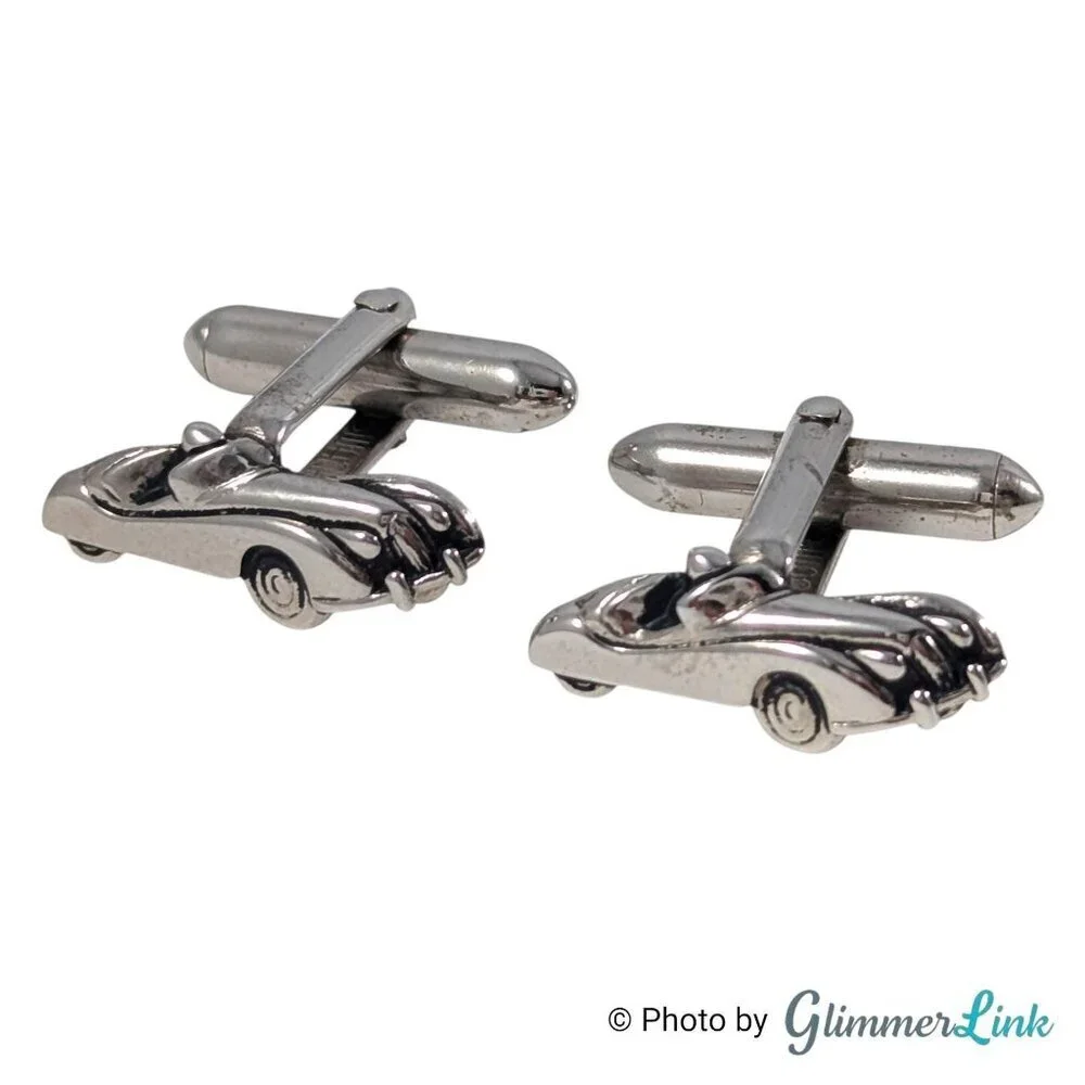 Swank Vintage Silver Tone Car Cufflinks and Tie Bar Set Automobile Design, 1960s
